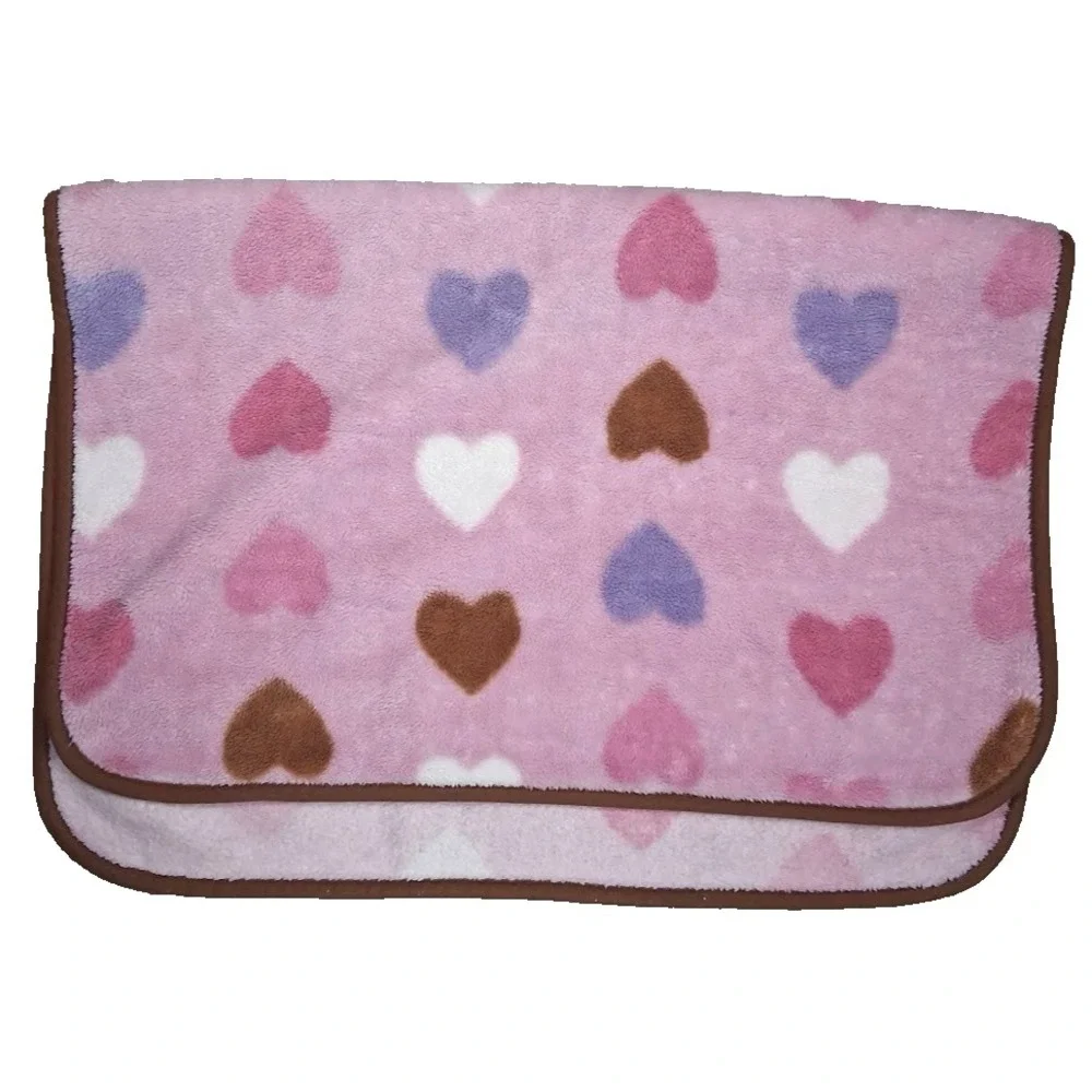 Pink Fleece Heart Baby Blanket Brown Trim Purple White Thick Security Lovey‎ Htf